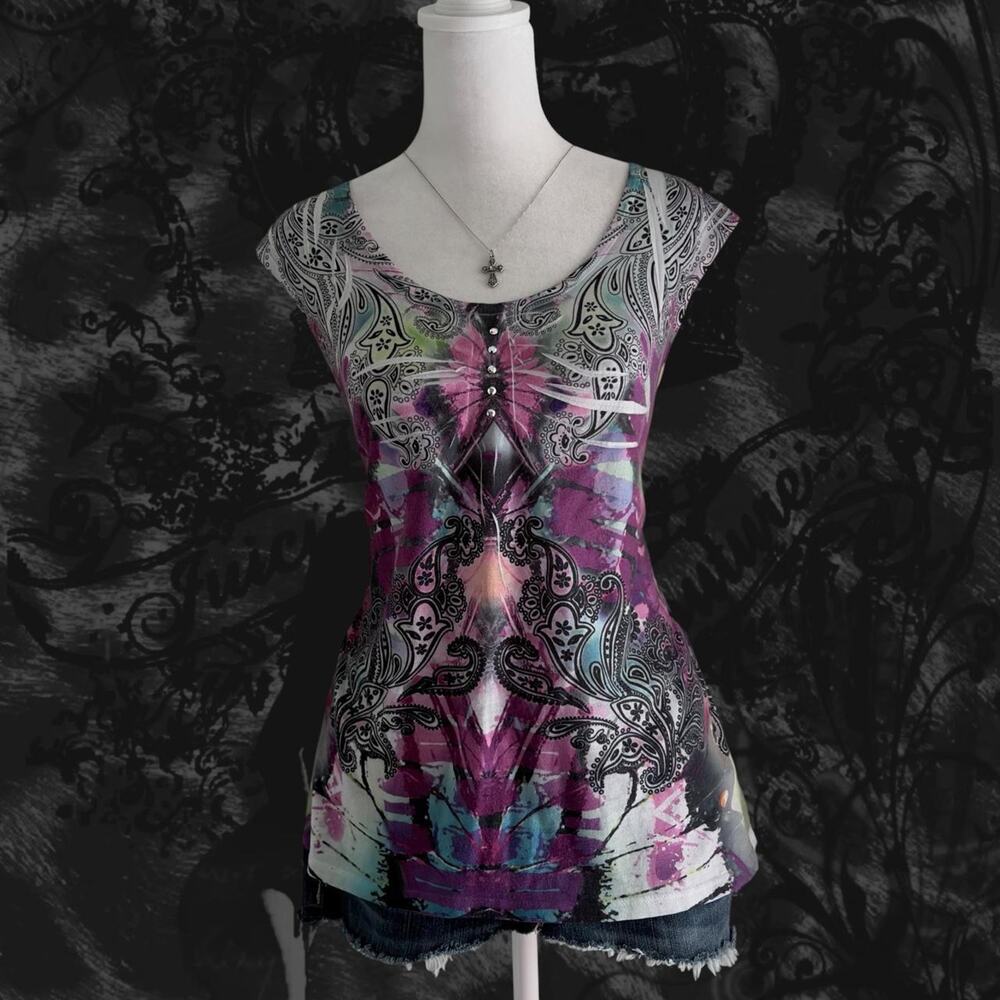 crimson purple mirrored psychedelic butterfly and baroque prints fairy boho top